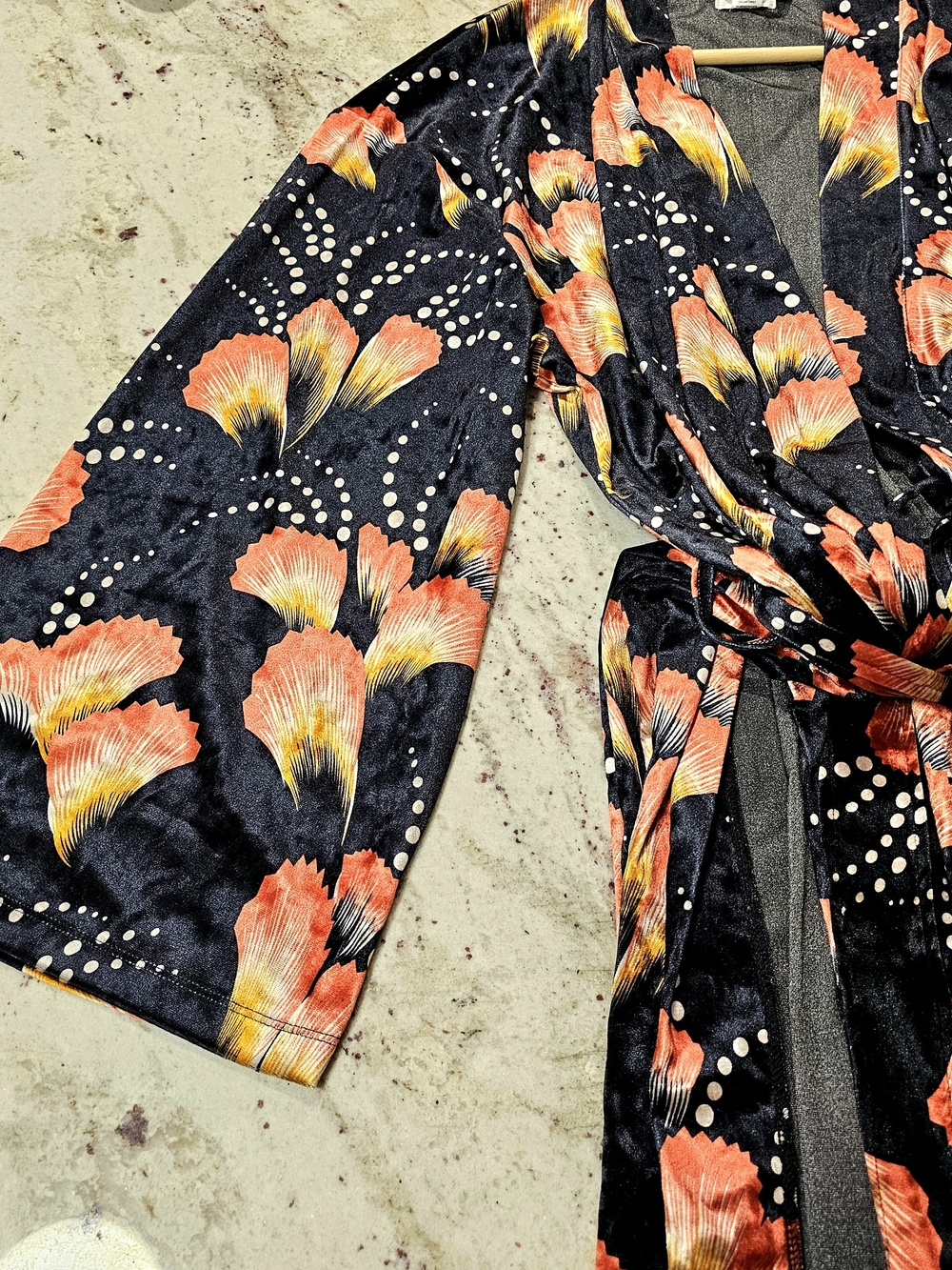 Black Floral Velvet Kimono Robe Long Belted Duster Burnout Lounge Soft Jacket